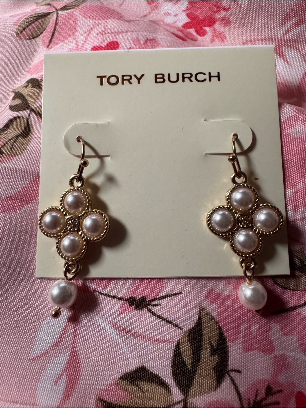 Tory Burch Gold and Pearl Cluster Drop Earrings